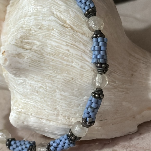 New Handmade Bracelet-Homemade Tube Beads in Blue with White Beads-Hook Closure - Picture 5 of 10
